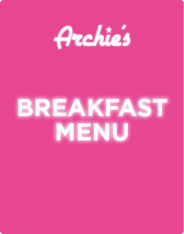 Pink menu cover with white text: "Archie's Breakfast Menu."