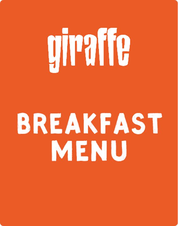 Orange sign displaying "giraffe" in stylized font at the top and "BREAKFAST MENU" in bold white letters below.