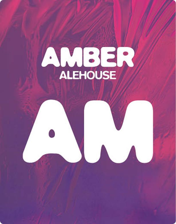 Gradient pink and purple textured background with bold white text reading "Amber Alehouse" and large "AM" below.