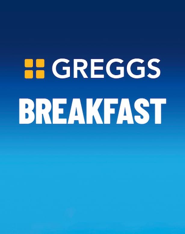 Blue background with the Greggs logo and the word "Breakfast" in bold white letters.
