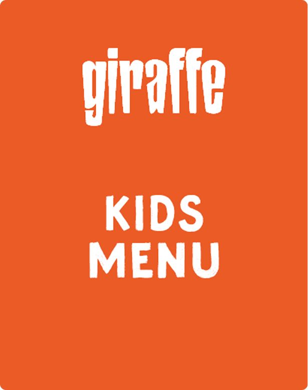 Orange menu cover titled "giraffe KIDS MENU" in bold white letters.