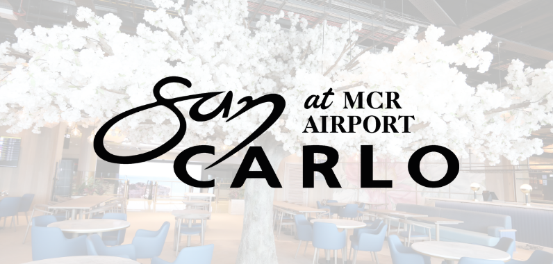 San Carlo logo overlaid on a dining area at MCR Airport, featuring blue chairs and a large decorative white tree.