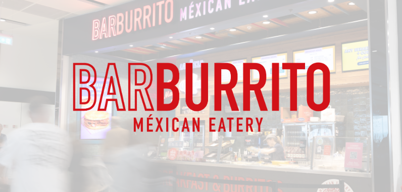 Barburrito Mexican Eatery storefront with large red signage and menu displays; people walking past the counter.