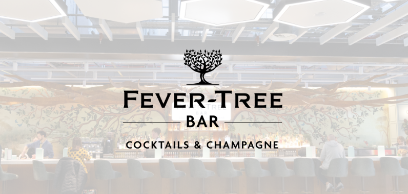 Fever-Tree Bar interior with a modern design, a row of bar stools, and a nature-themed wall. Text reads "Cocktails & Champagne."